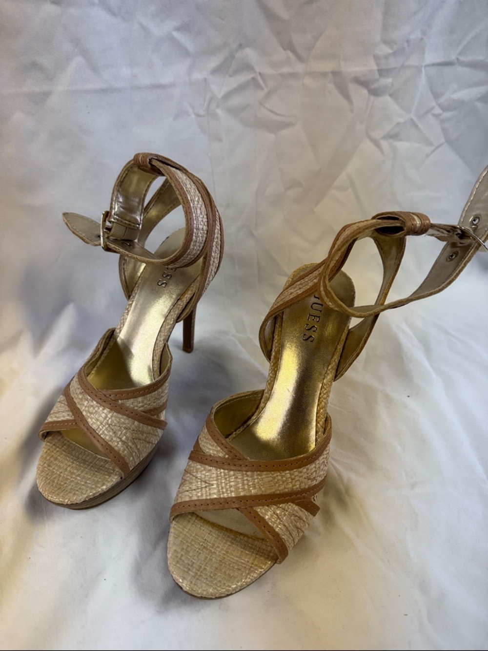 GUESS Tan & Natural Woven Ankle-Strap High Heels